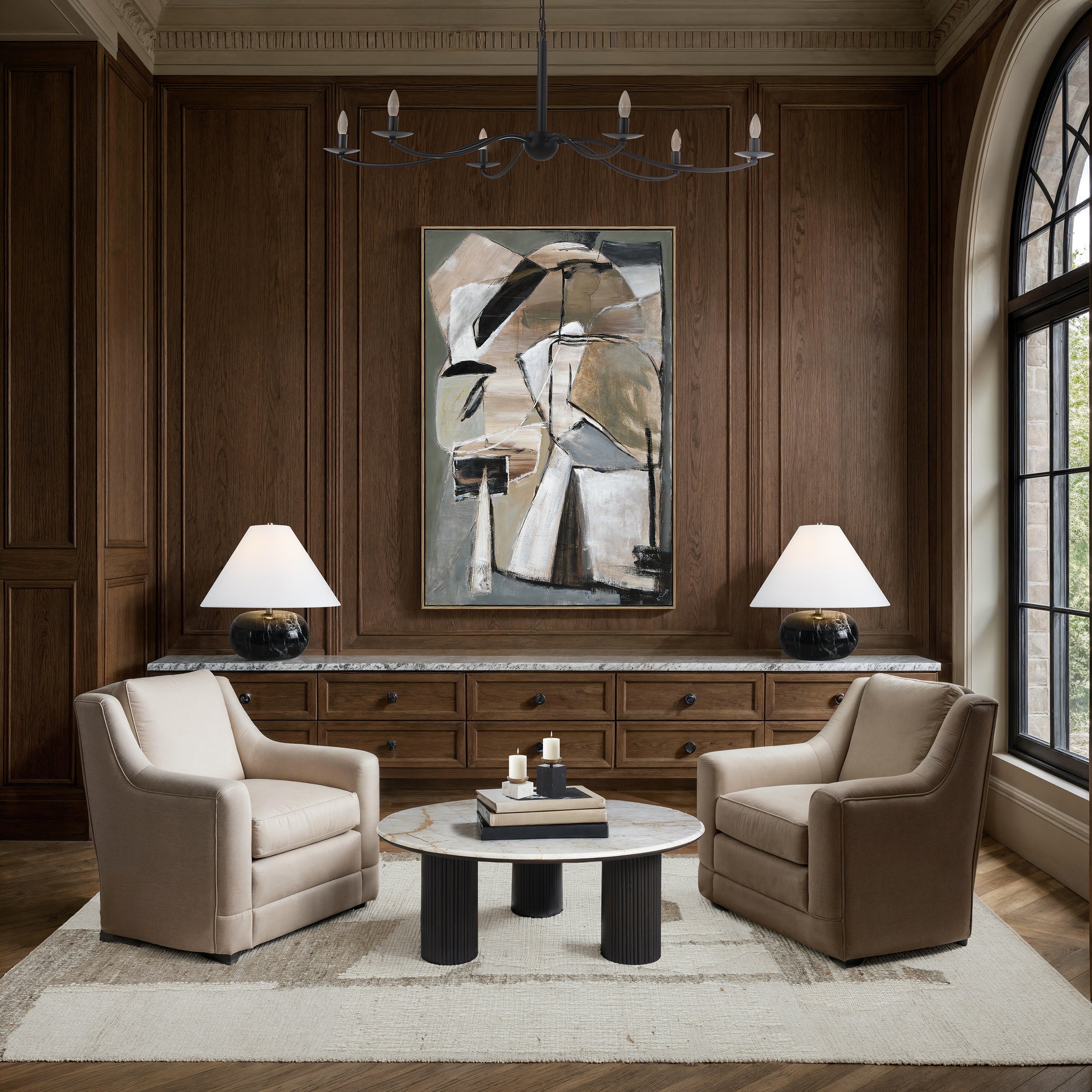 Pascal canvas art featured in a sophisticated setting with beige chairs and wooden accents.
