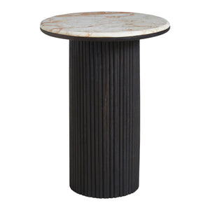 Alessio accent table with a round marble top and ribbed black base.