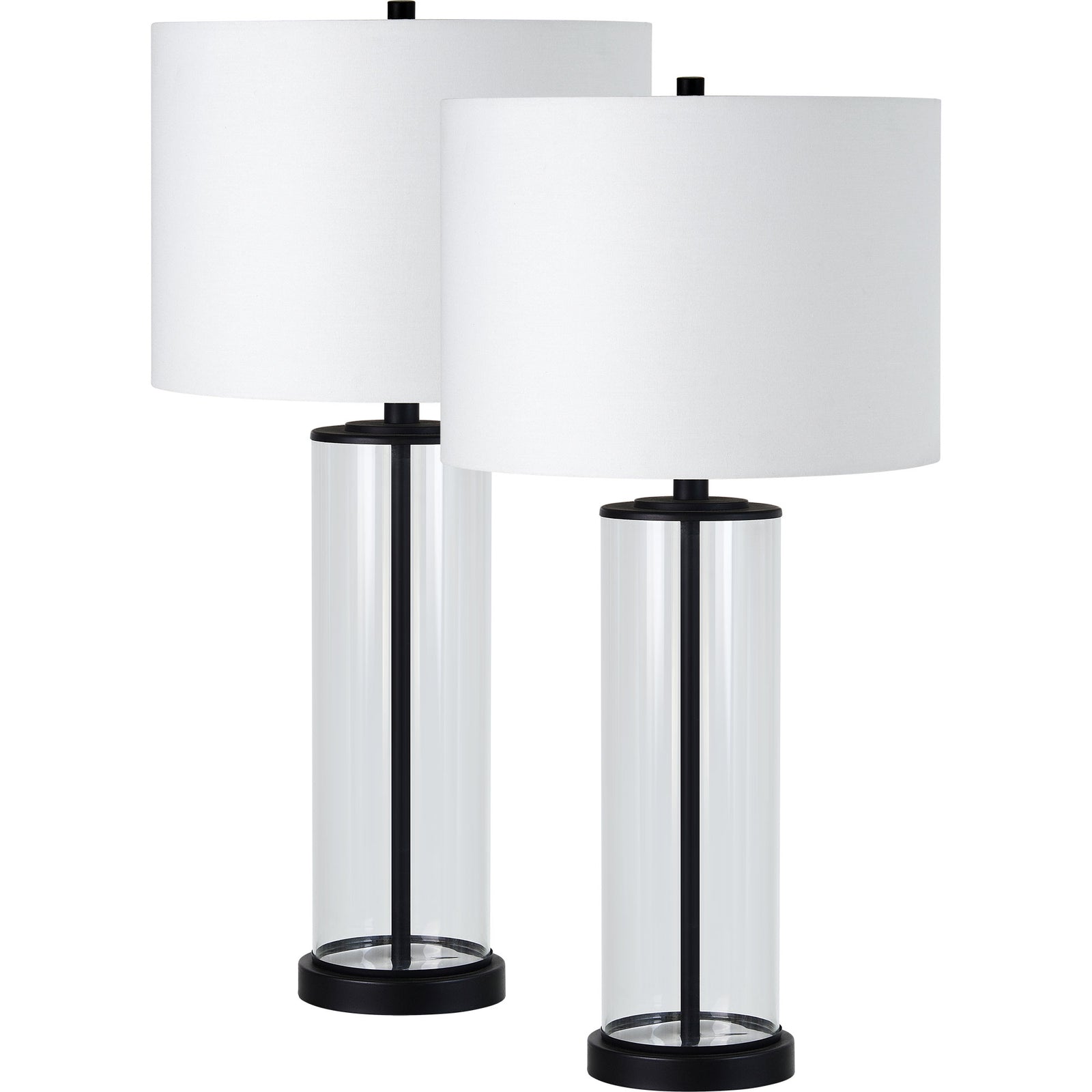 Desdemona Table Lamp Set featuring two lamps with white fabric shades and clear glass bases.