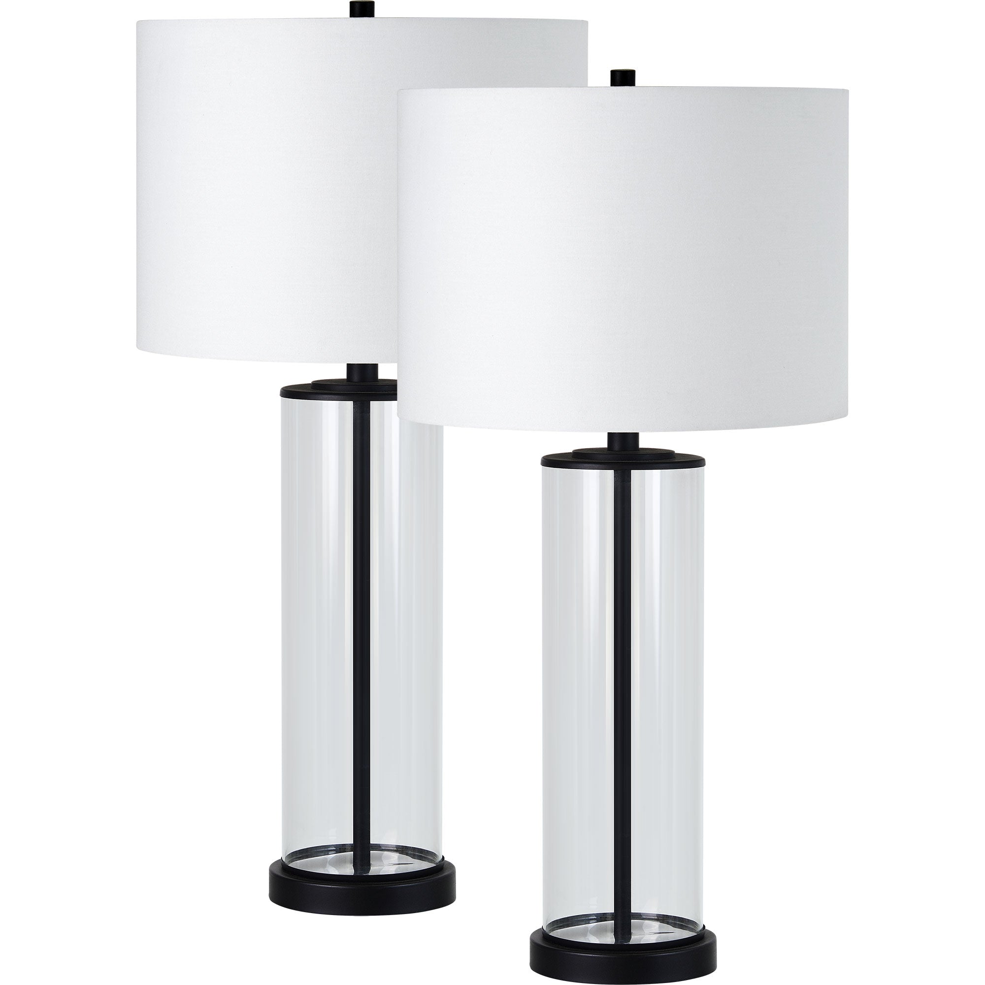 Desdemona Table Lamp Set featuring two lamps with white fabric shades and clear glass bases.