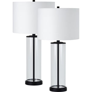 Desdemona Table Lamp Set featuring two lamps with white fabric shades and clear glass bases.