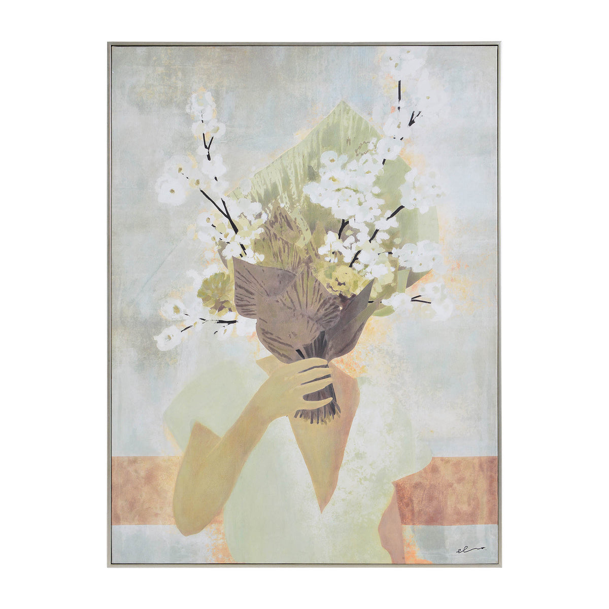 Casoria Canvas Art featuring a figure holding a bouquet of flowers in soft colors