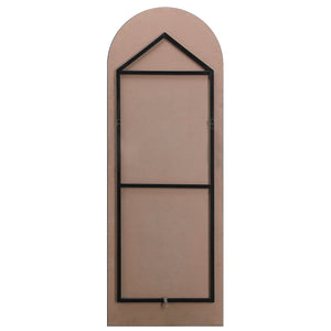 Back view of Mandra mirror by Renwil, showcasing a black frame and a pink backing with a house-shaped top.