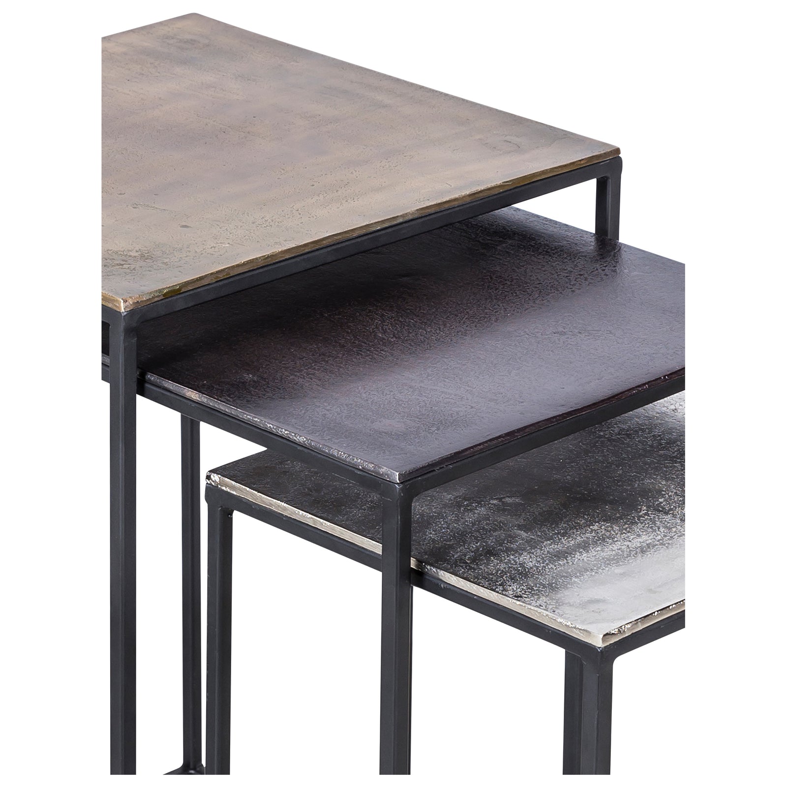 Threefold Indoor Aluminum Table in antique brass with three stacked tabletops, black metal frame.