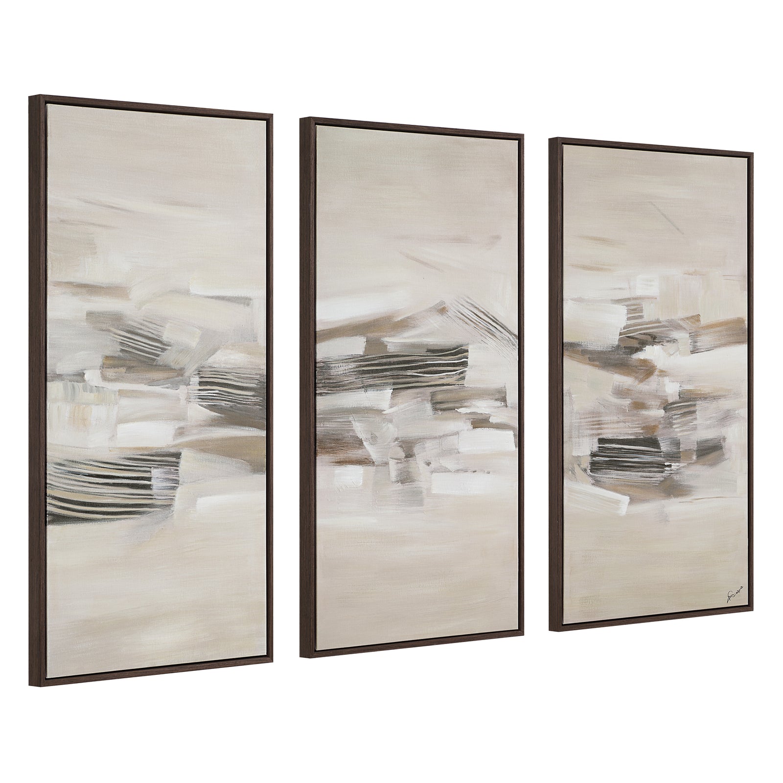 Lux canvas art featuring abstract beige and gray patterns in three panels