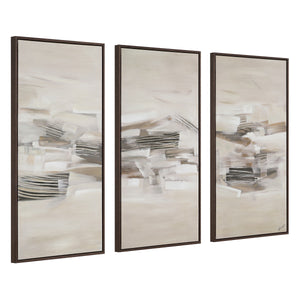 Lux canvas art with three panels showcasing abstract beige and gray brush strokes