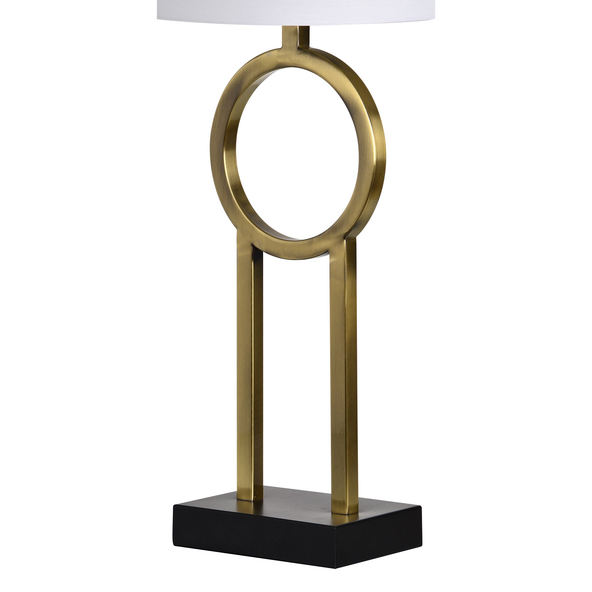 Alloro Table Lamp showcasing a brass circle and black base with a white shade
