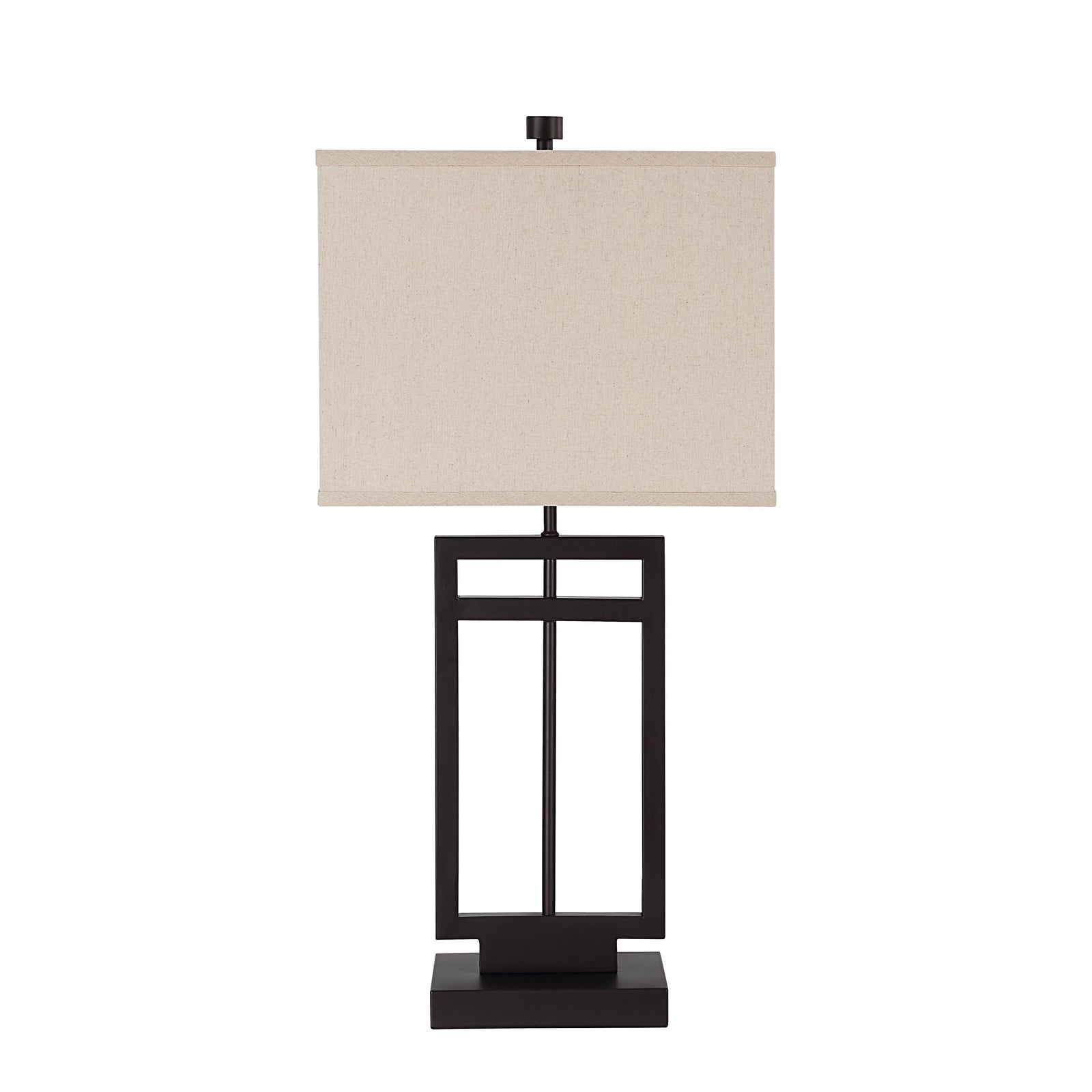 Sendai table lamp with a beige fabric shade and dark metal base, showcasing a geometric design.