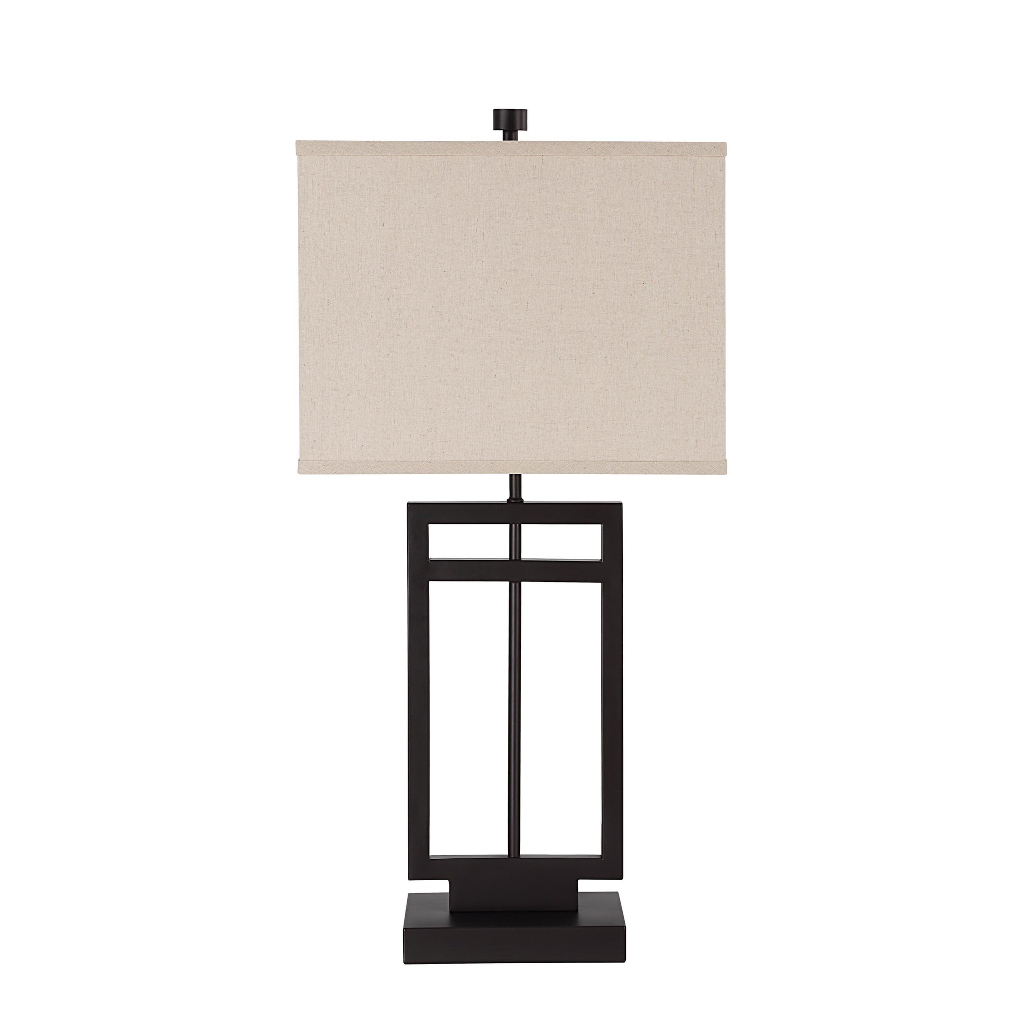 Sendai table lamp featuring a beige shade and dark metal frame, viewed from the front.