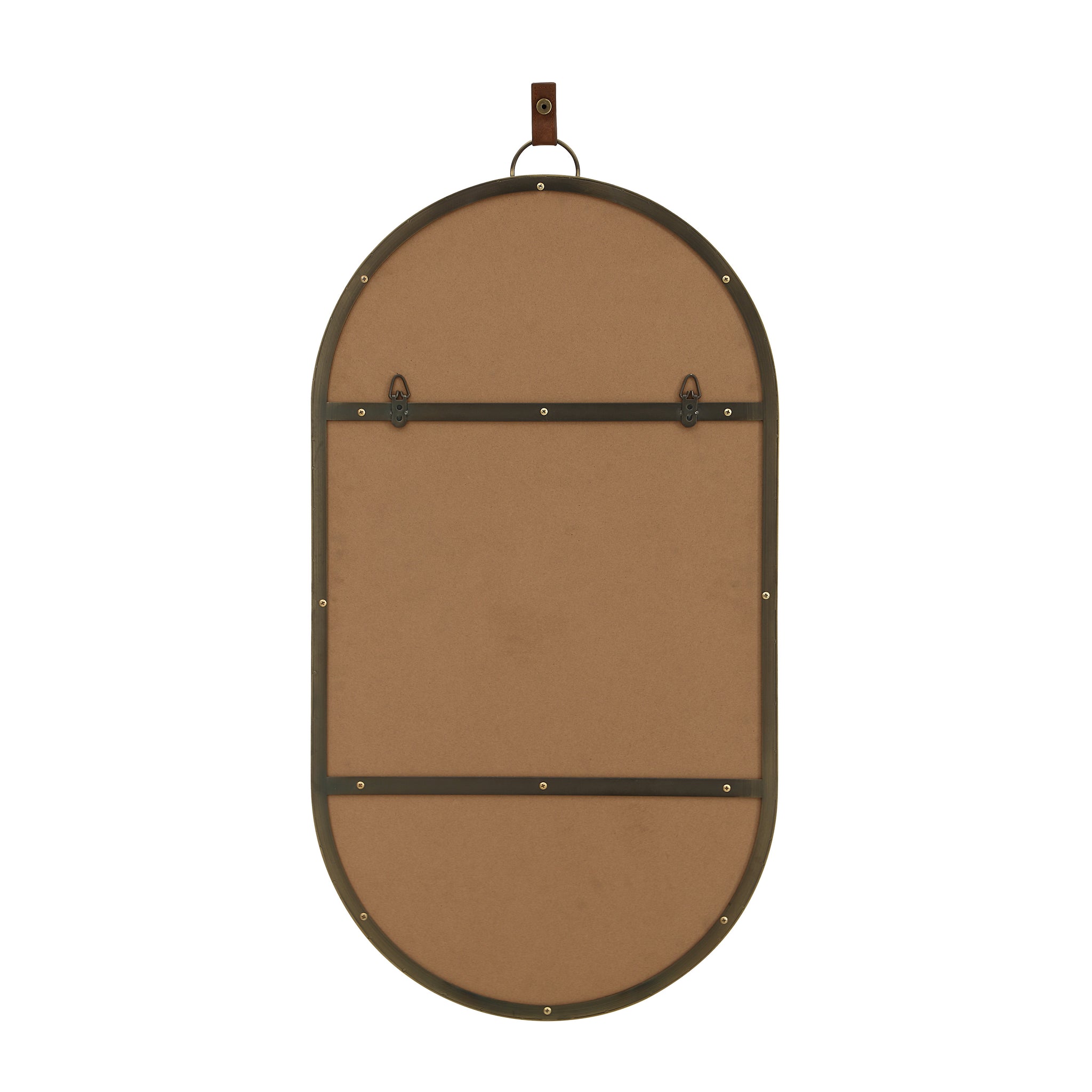 Back view of Hudson mirror by Renwil, featuring a brown backing and metal hooks.