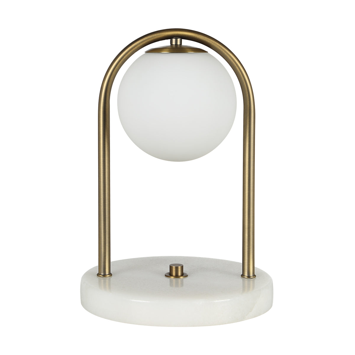 Barca table lamp with a frosted globe and brass arch, set on a white marble base.