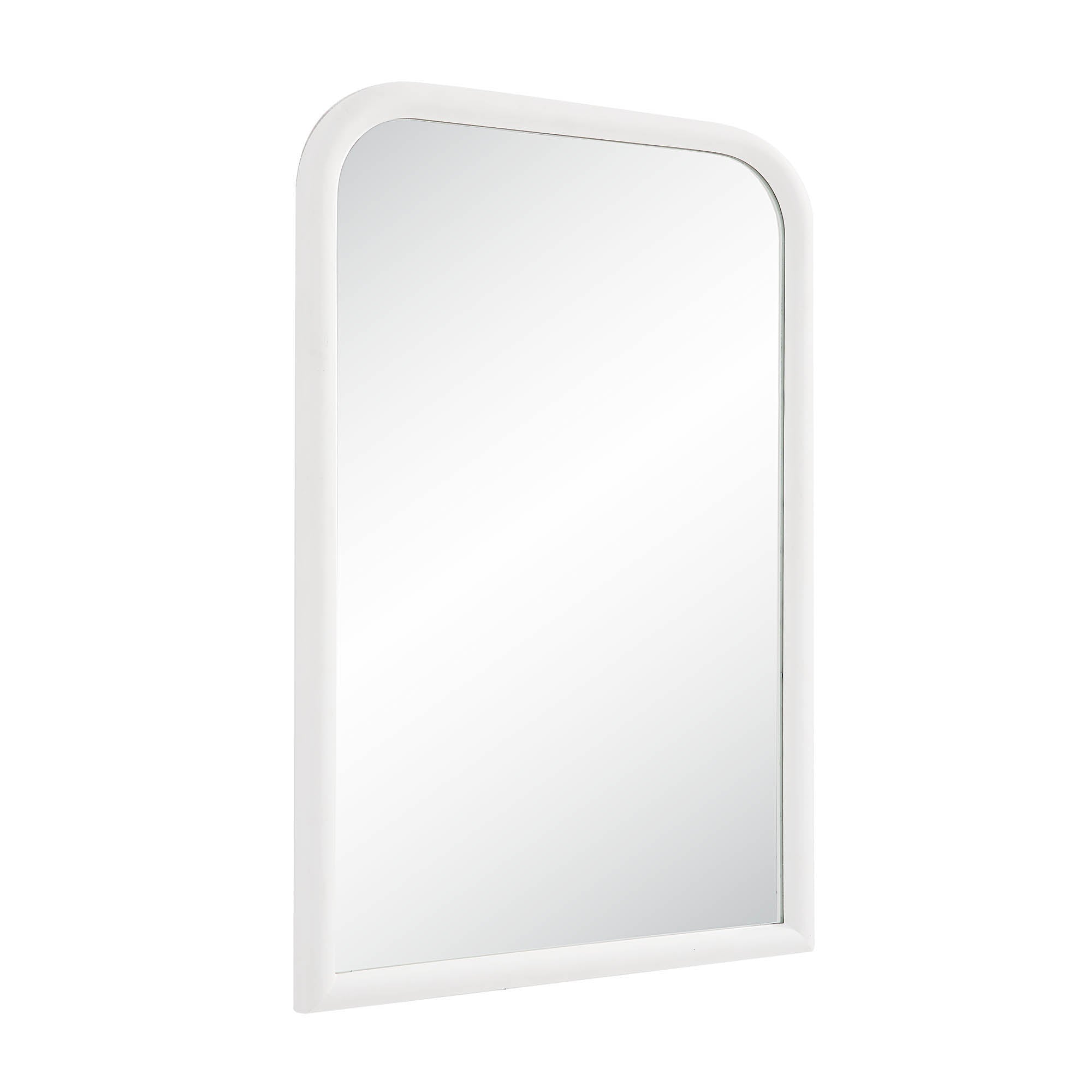 Colima Wall Mirror angled view showcasing a white frame and reflective surface.