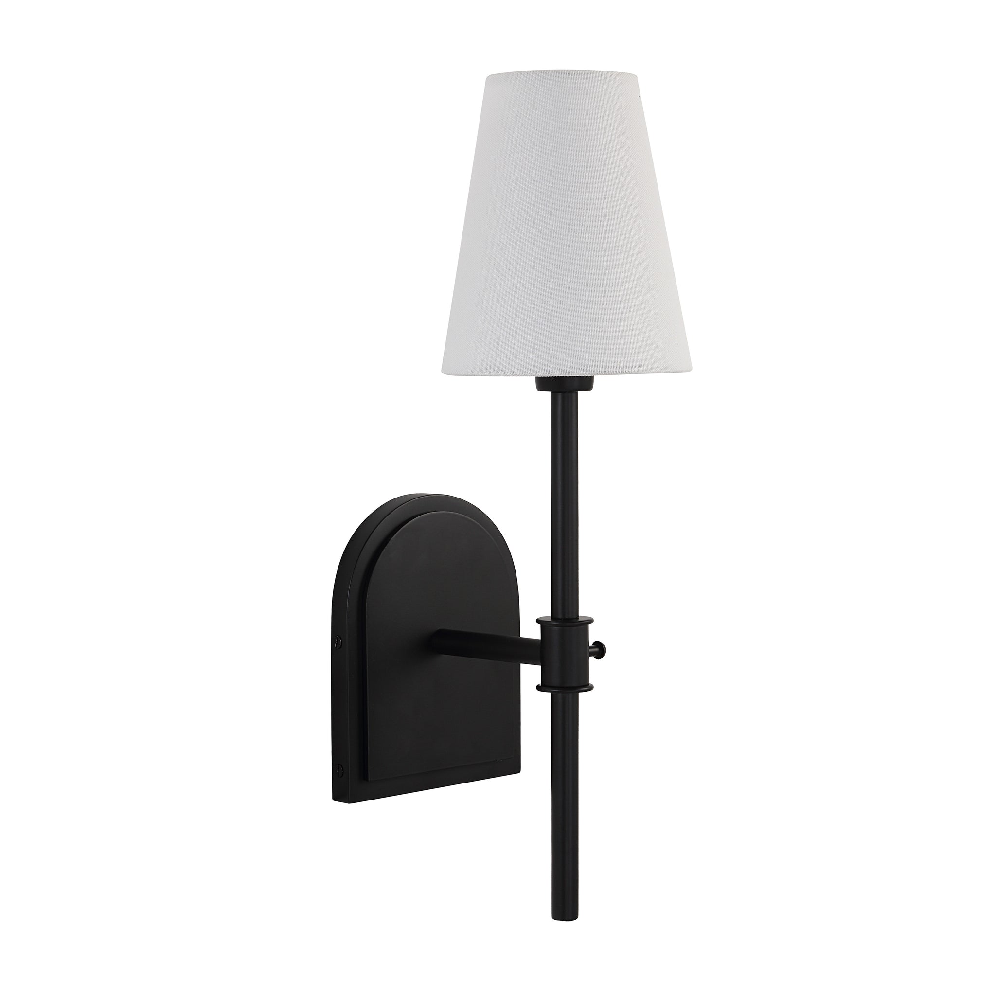 Mililani wall sconce with a white shade and black metal arm, side angle view.