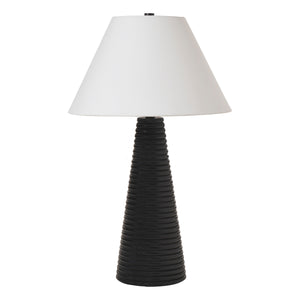 Kailua Table Lamp with a black ribbed base and white fabric shade, side view.