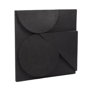 Mura wall decor with dark gray concrete, showcasing overlapping circles and triangular shapes.