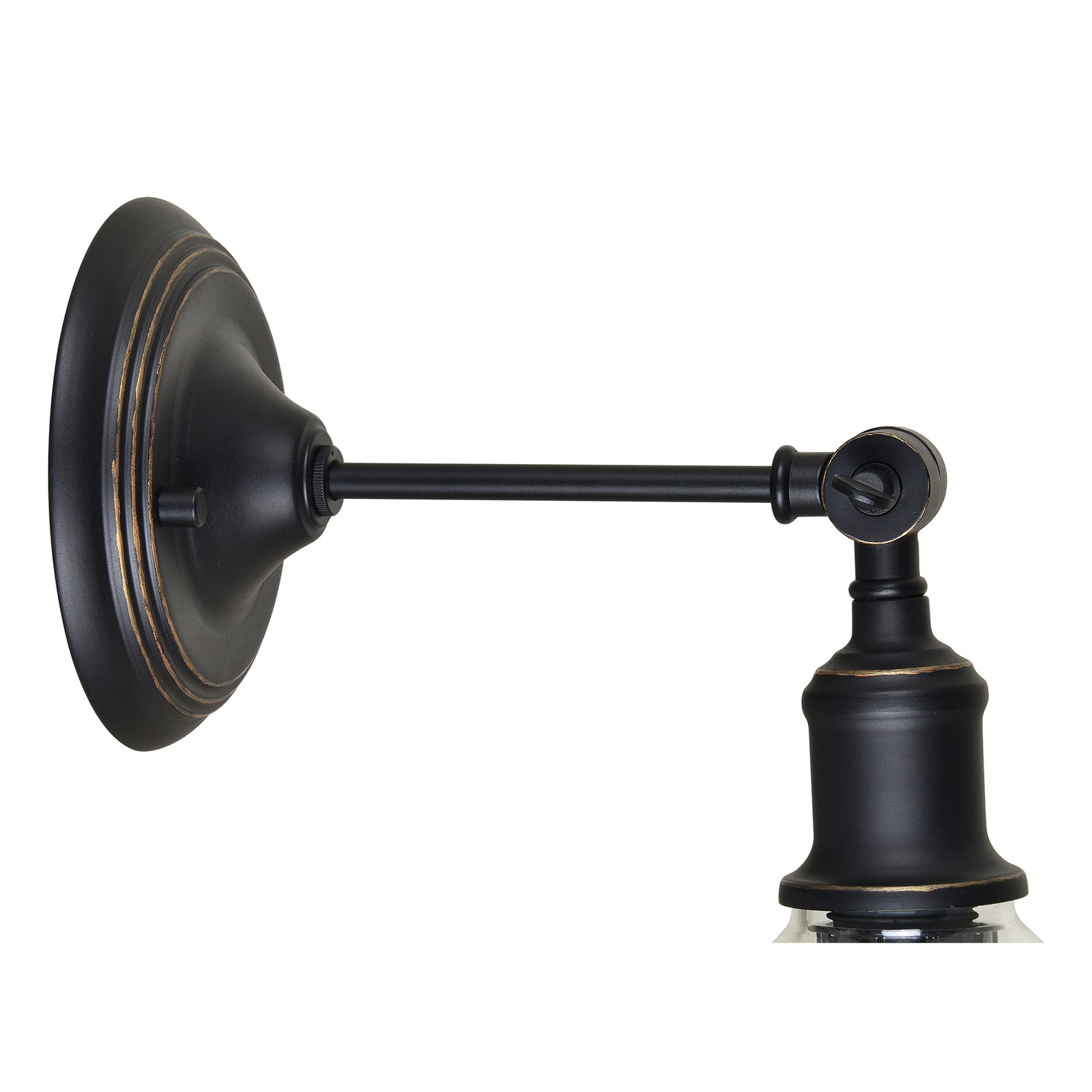 Renta Wall Sconce featuring a black metal base and clear glass cone shade, showcasing a vintage bulb.