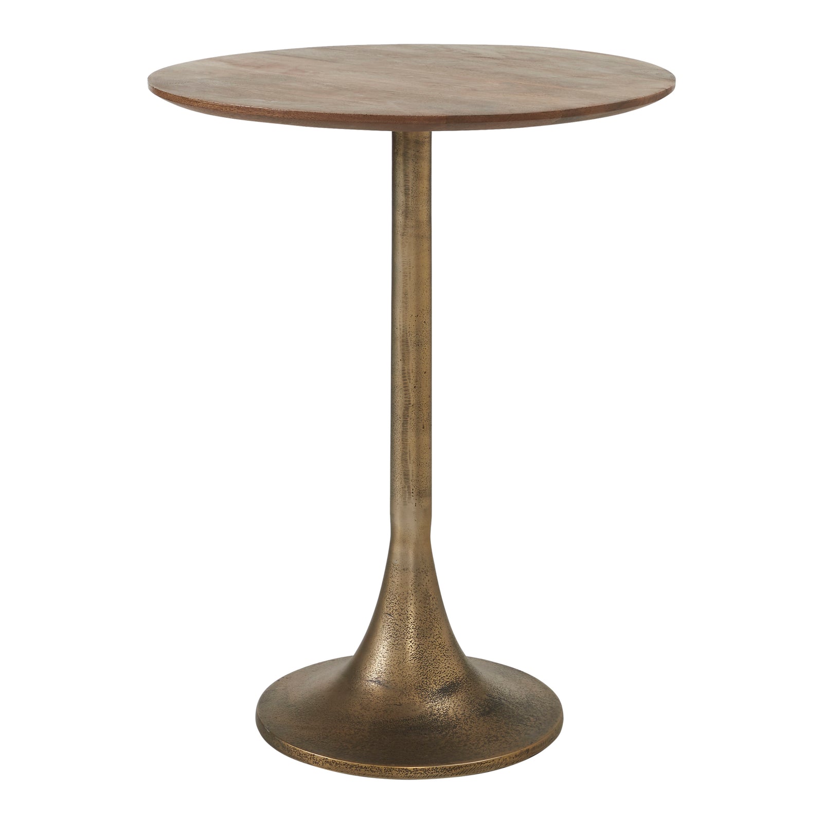 Sparta Accent Table with a round wood top and a gold metal base, viewed from the side.
