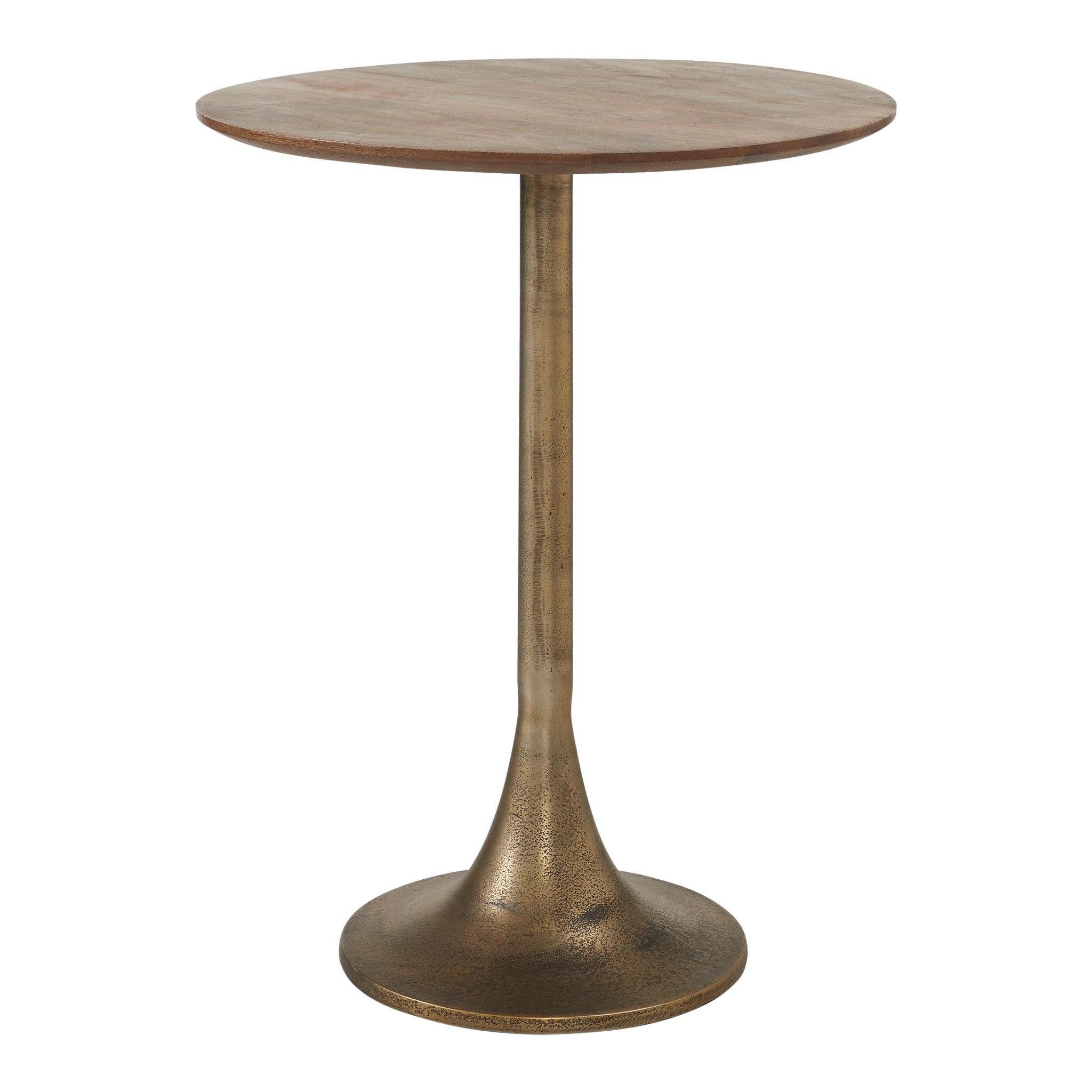 Sparta Accent Table with a round wood top and a gold metal base, viewed from the side.