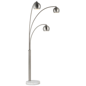 Aguillard floor lamp showcasing three arching arms and polished metallic shades, set on a marble base.