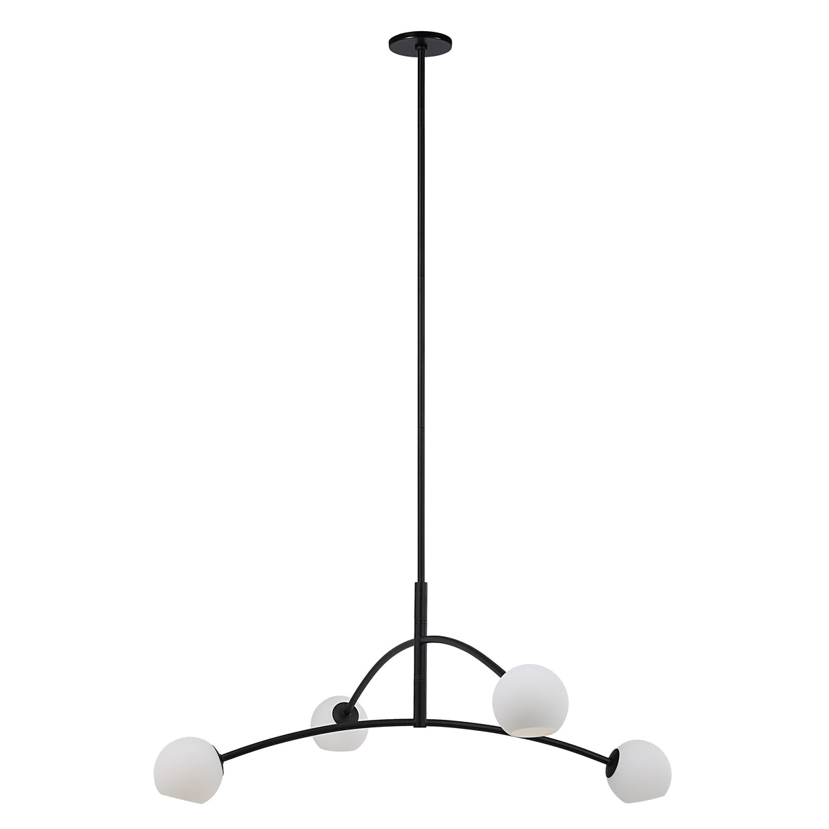 Nube Ceiling Fixture chandelier with five white globes and black metal arms, top view.