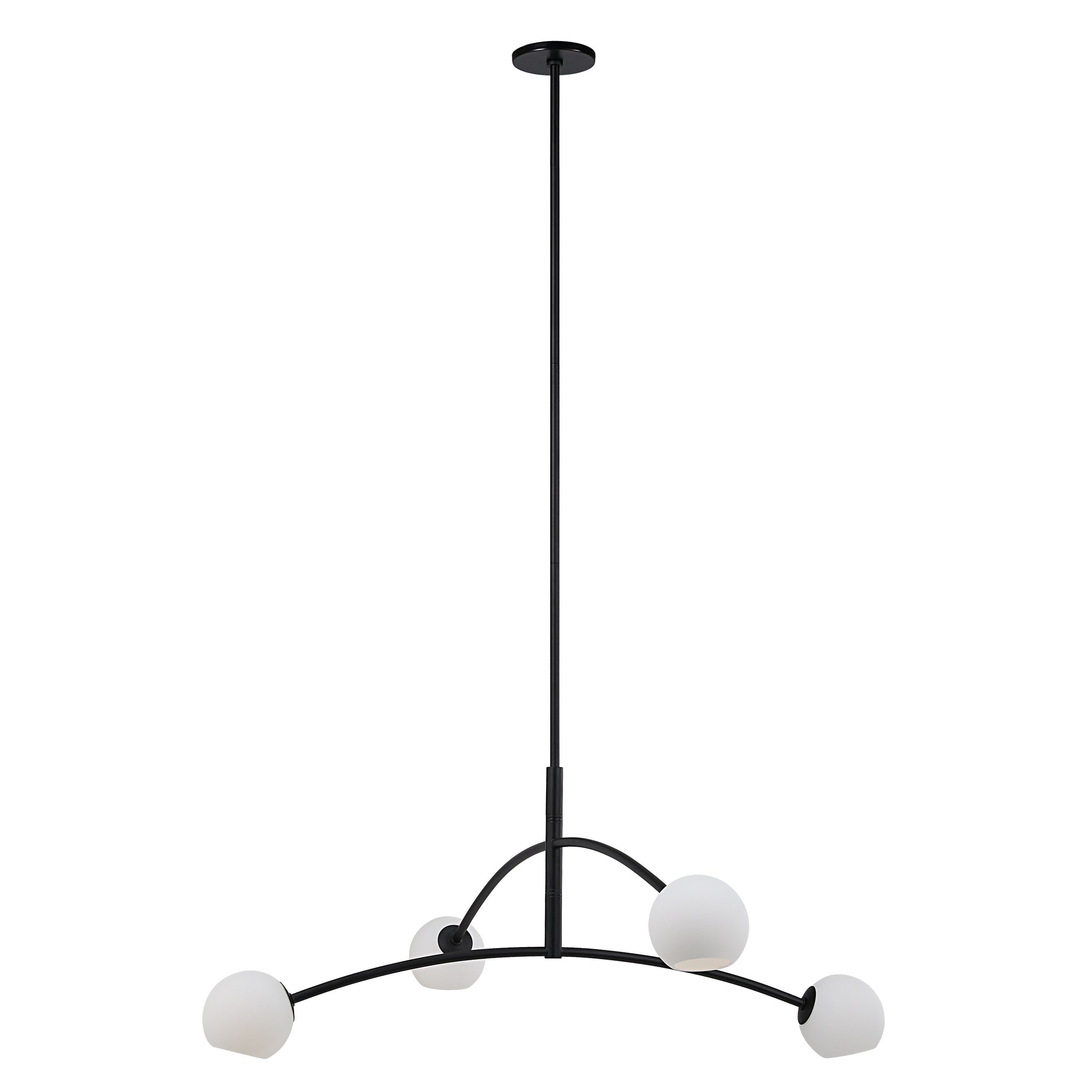 Nube Ceiling Fixture chandelier with five white globes and black metal arms, top view.