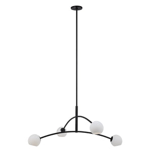 Nube Ceiling Fixture chandelier with five white globes and black metal arms, top view.