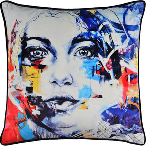 Tori Indoor Pillow featuring a colorful abstract face design with blue, red, and yellow accents.