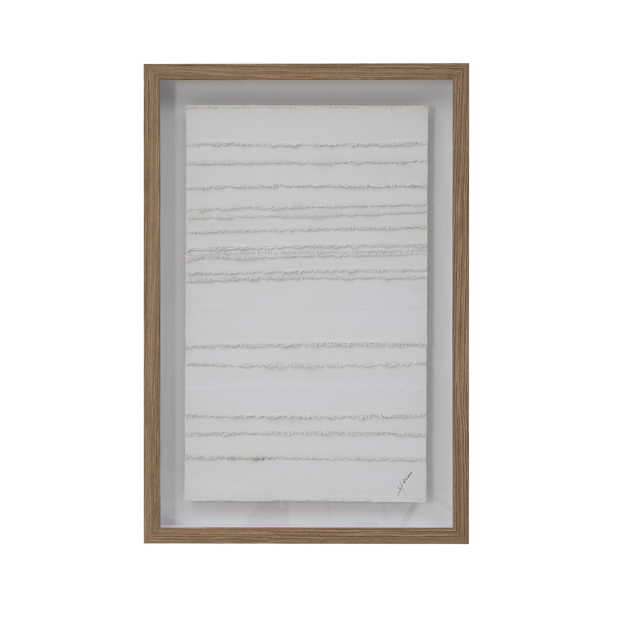 Framed Trax wall art with white textured canvas and a light wood frame.