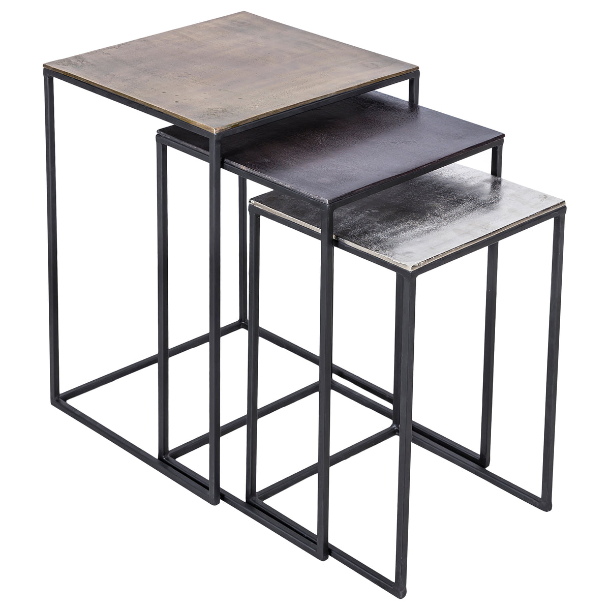 Threefold Indoor Aluminum Table in antique brass with three stacked tabletops, black metal frame.