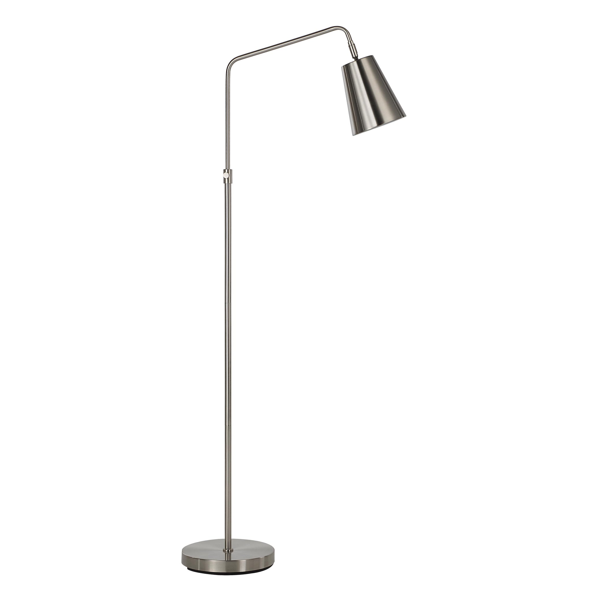 Norwich floor lamp in brushed nickel with a modern design and round base.