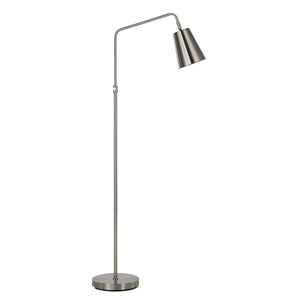 Norwich floor lamp in brushed nickel with a modern design and round base.