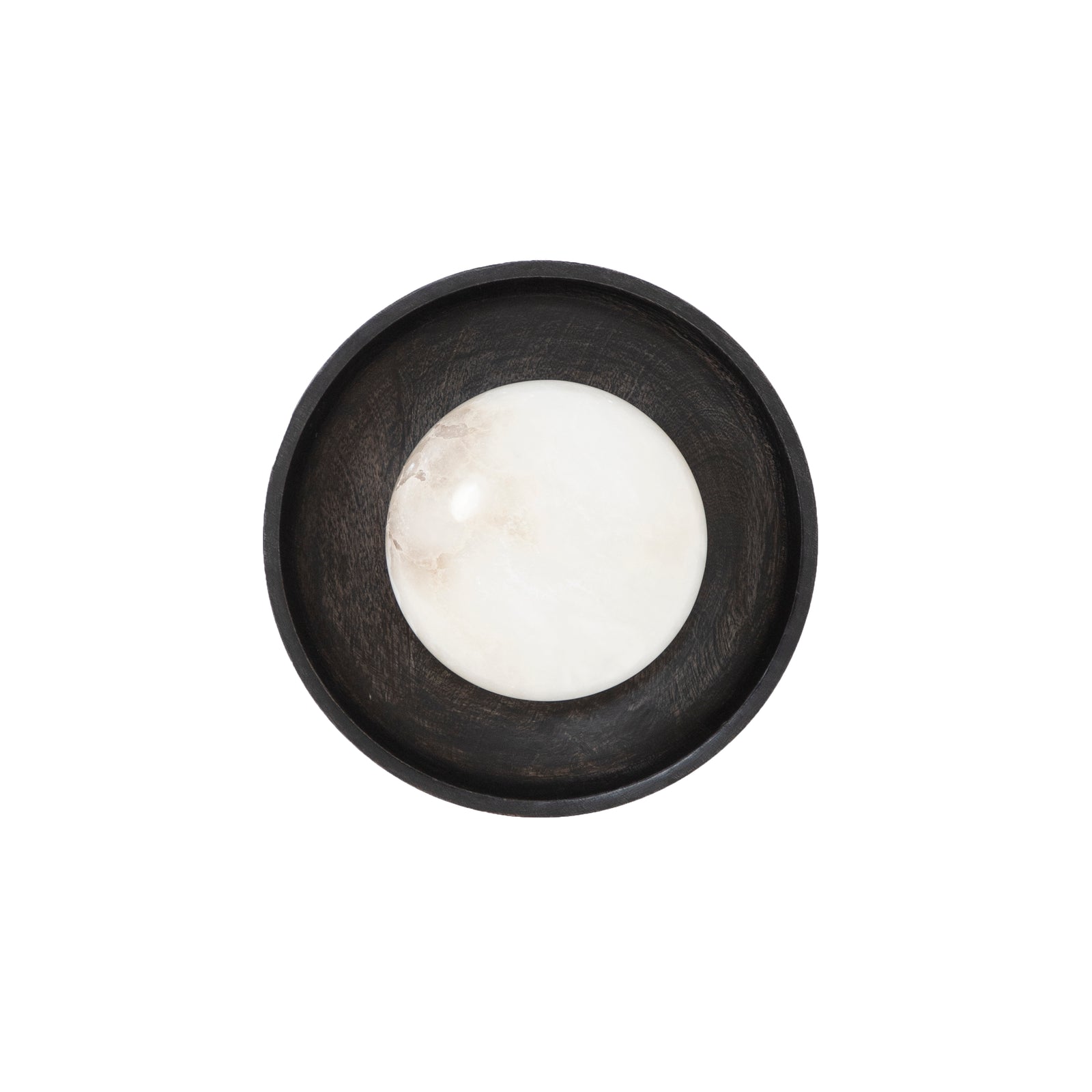 Haloa wall sconce with a round white alabaster bulb in a black wooden base