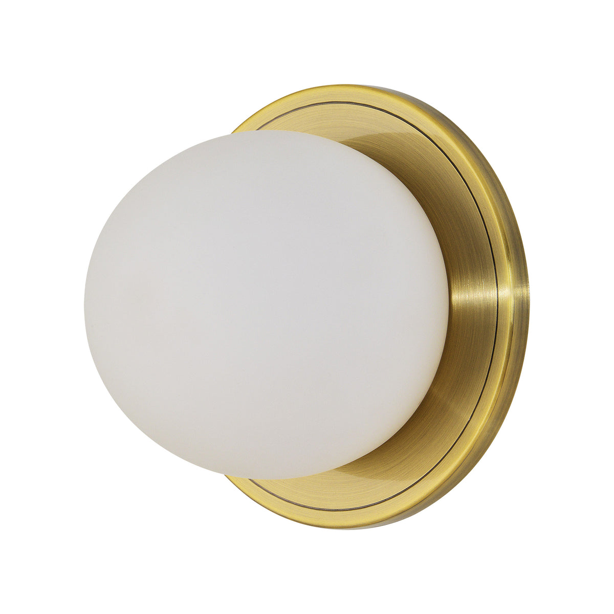 Hugo Wall Sconce with frosted glass globe and brass base, side view