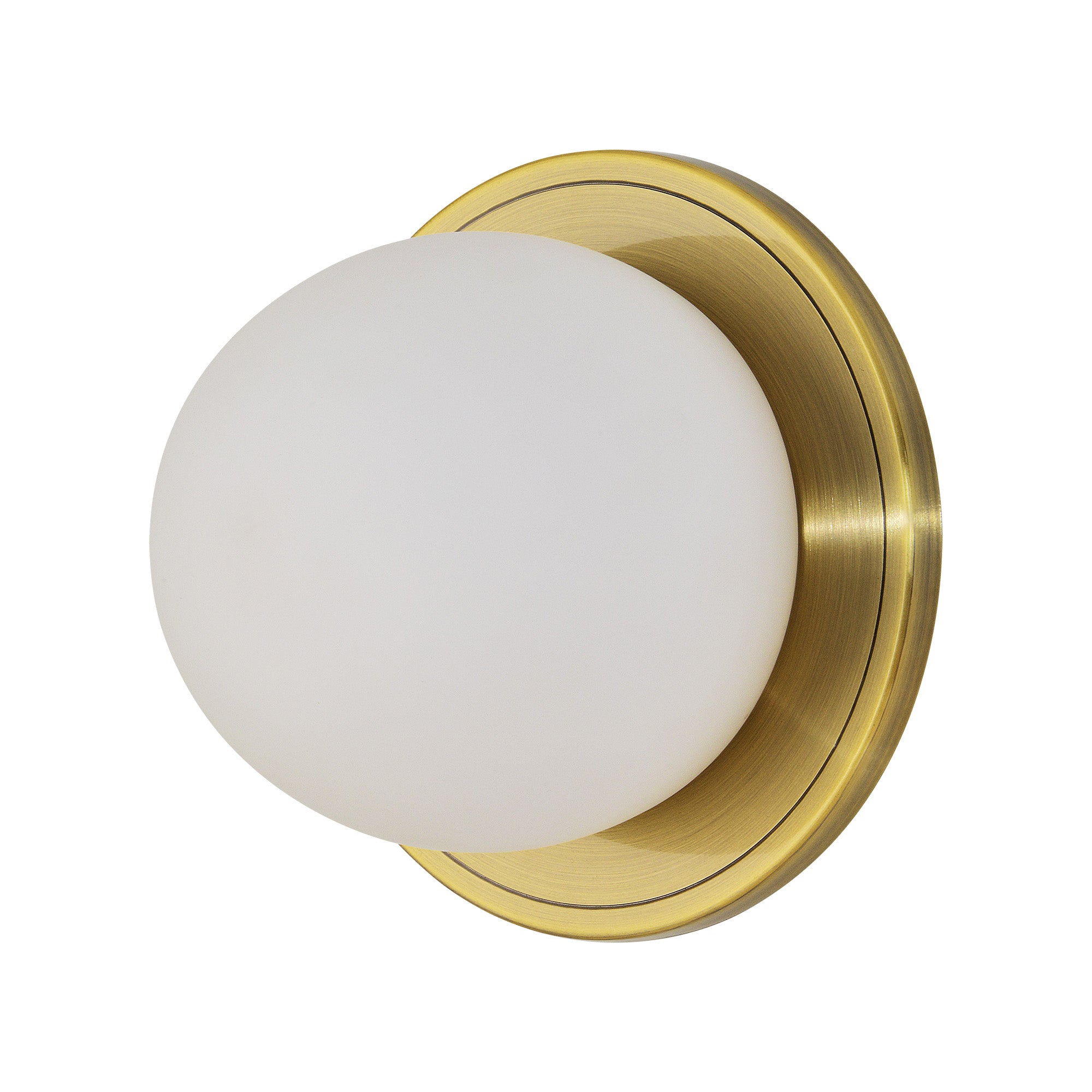 Hugo Wall Sconce with frosted glass globe and brass base, side view