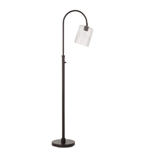 Danae floor lamp with a curved arm and ribbed glass shade, black metal design.