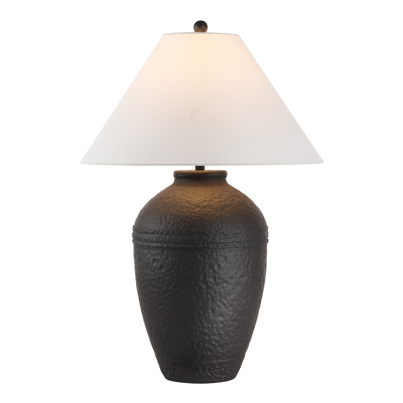 Cupper table lamp by Renwil with a textured black base and white cone shade.