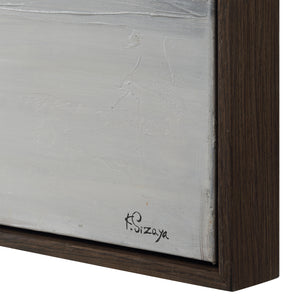 Close-up of Pallini canvas art showing textured brush strokes in light gray, framed with a dark wood border.