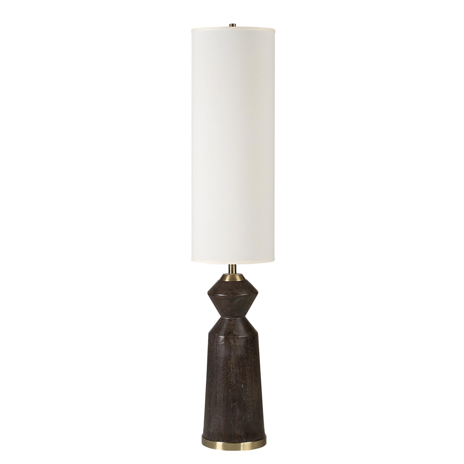 Pixel floor lamp with a white cylindrical shade and a dark wood base