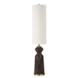 Pixel floor lamp with a white cylindrical shade and a dark wood base