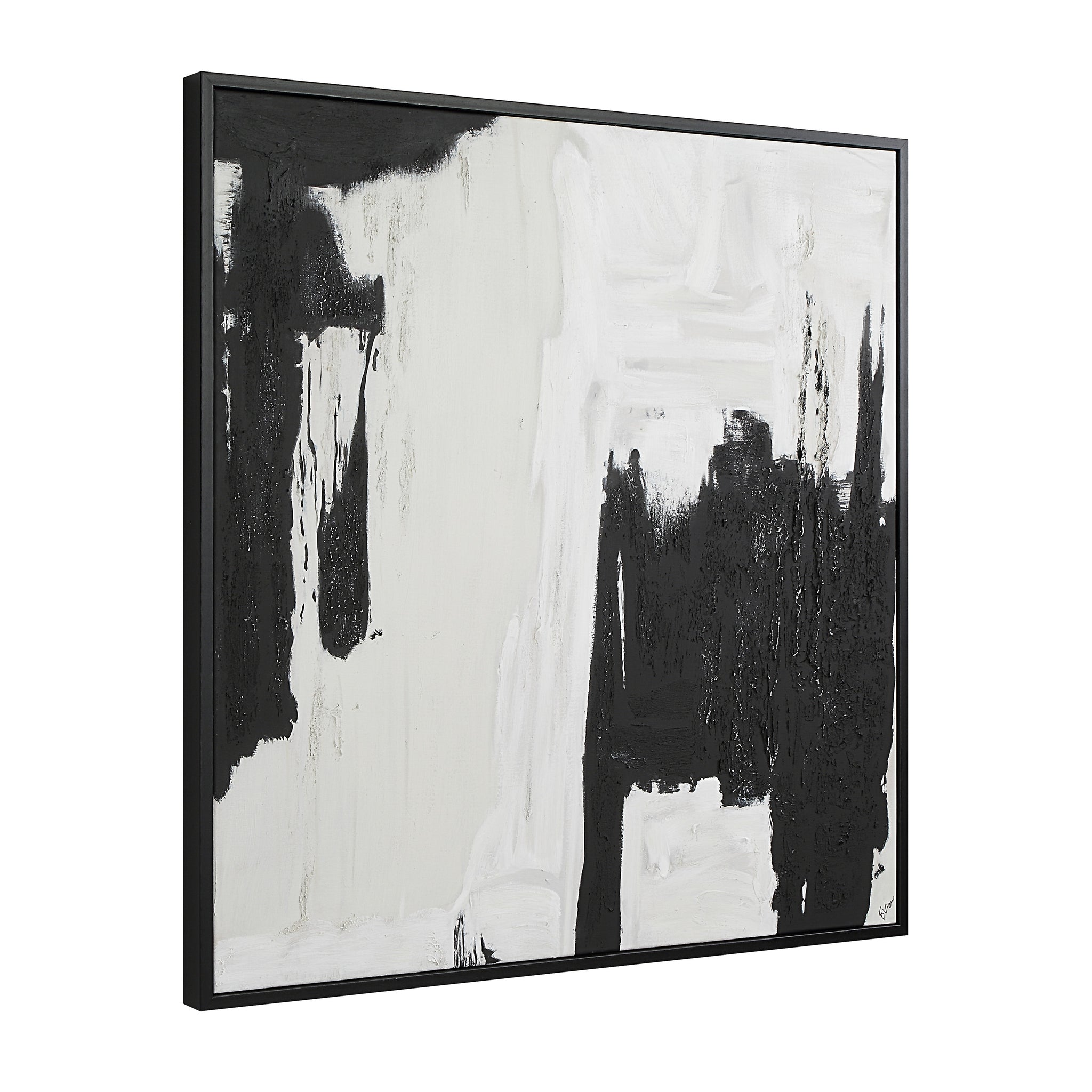 Nantes Canvas Art featuring black and white abstract painting, side view with black frame.