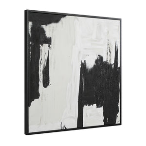 Nantes Canvas Art featuring black and white abstract painting, side view with black frame.