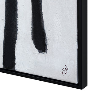 Close-up of Senso canvas art, highlighting bold black strokes against a textured gray background.