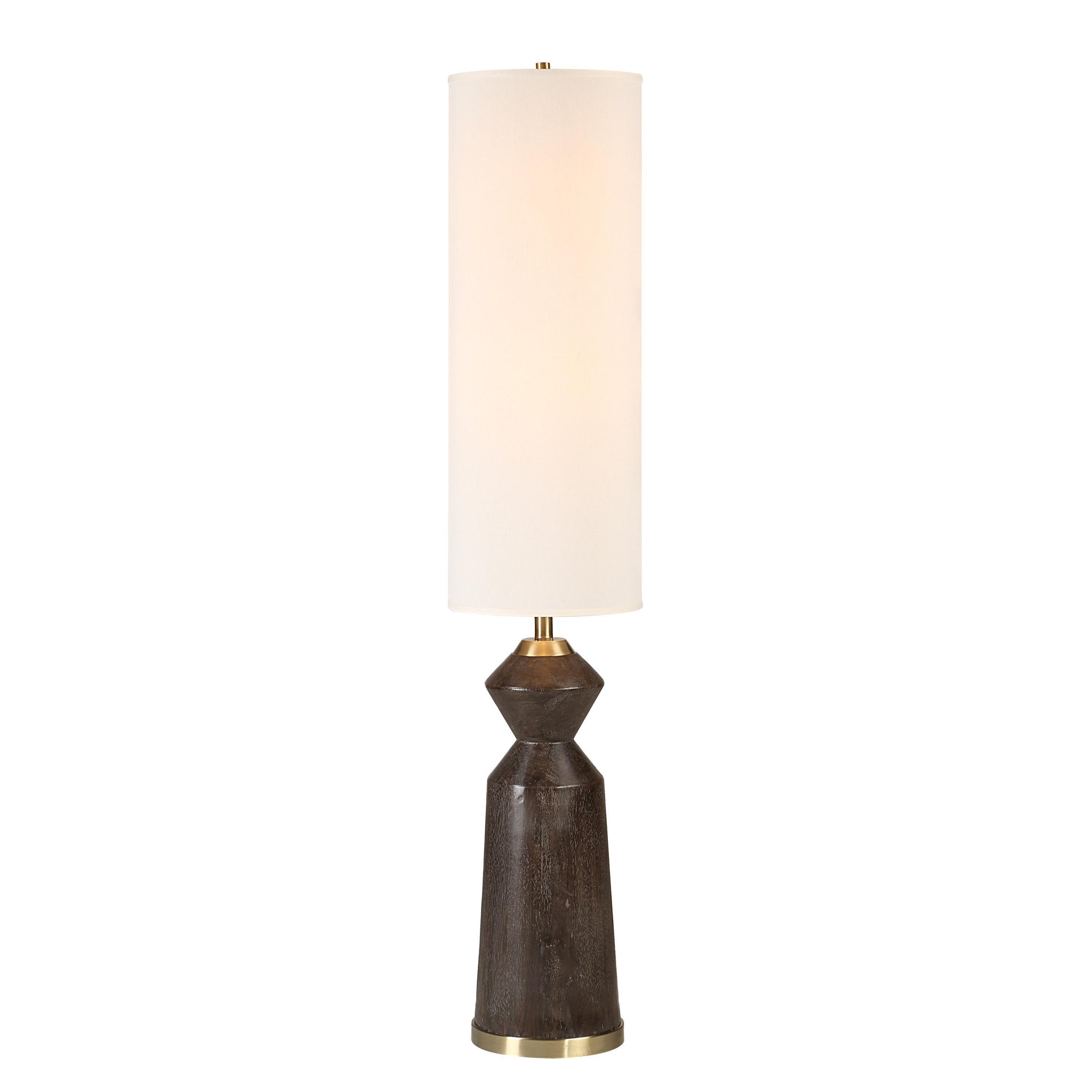 Pixel floor lamp illuminated with a white shade and dark wood base