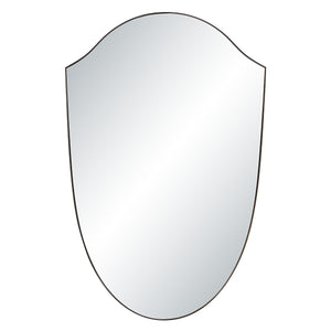 Reims mirror by Renwil, shield-shaped, reflective surface with smooth edges.