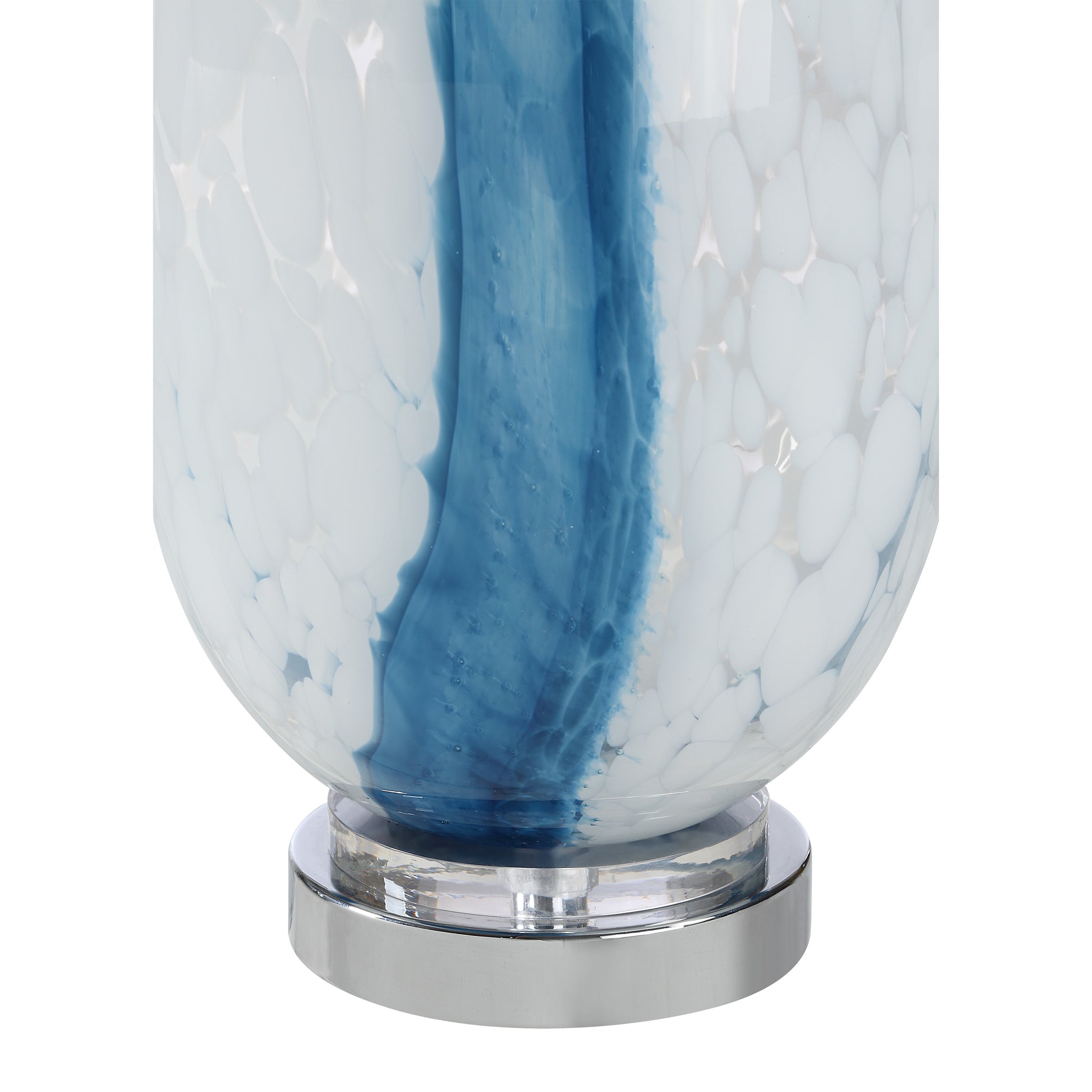Close-up of Solis Table Lamp's blue and white glass base with chrome detailing.