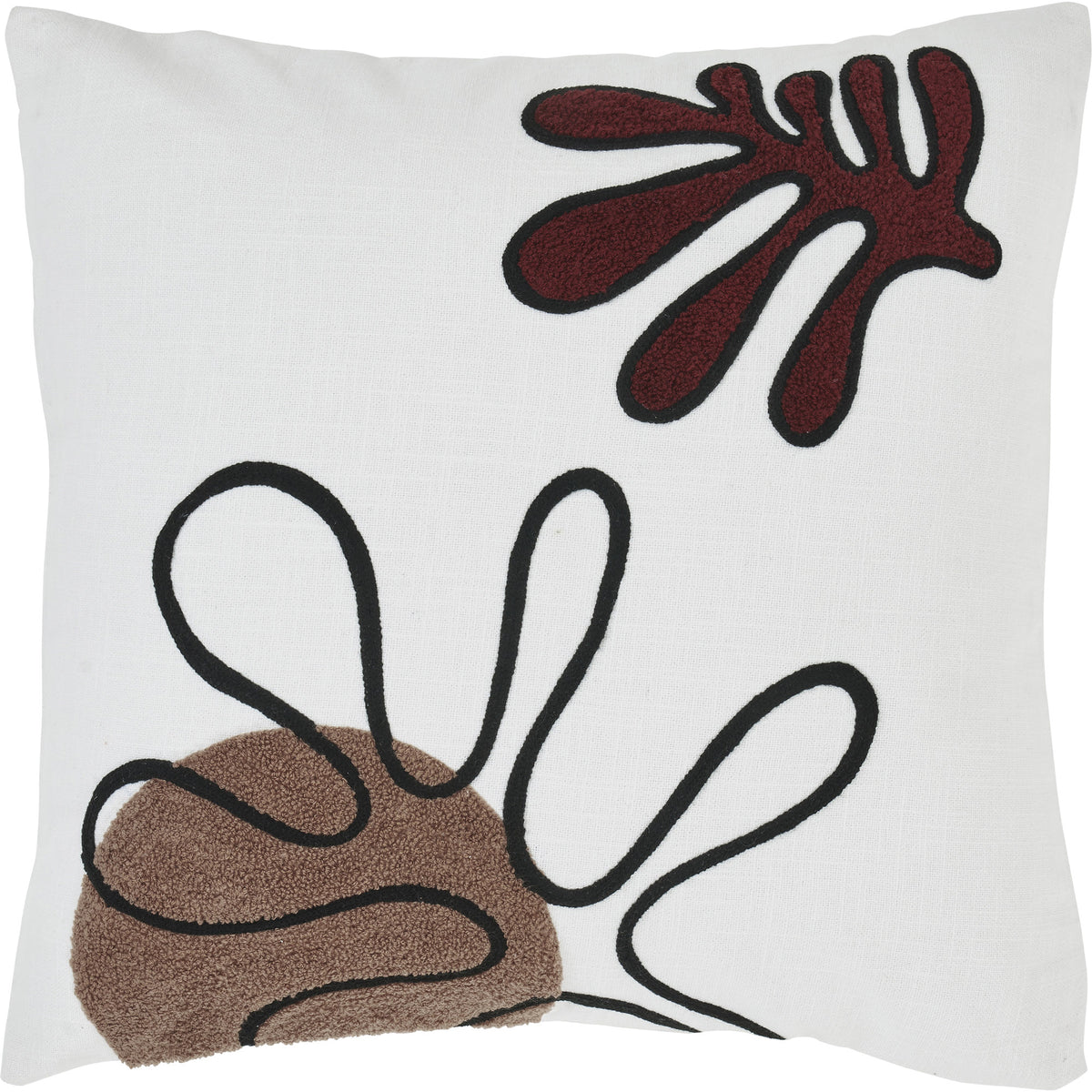 Erin Indoor Pillow with abstract brown and burgundy patterns on a white background