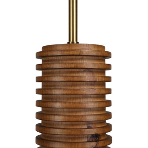 Rue pendant light by Renwil, wooden design with ridged texture and brass top, unlit