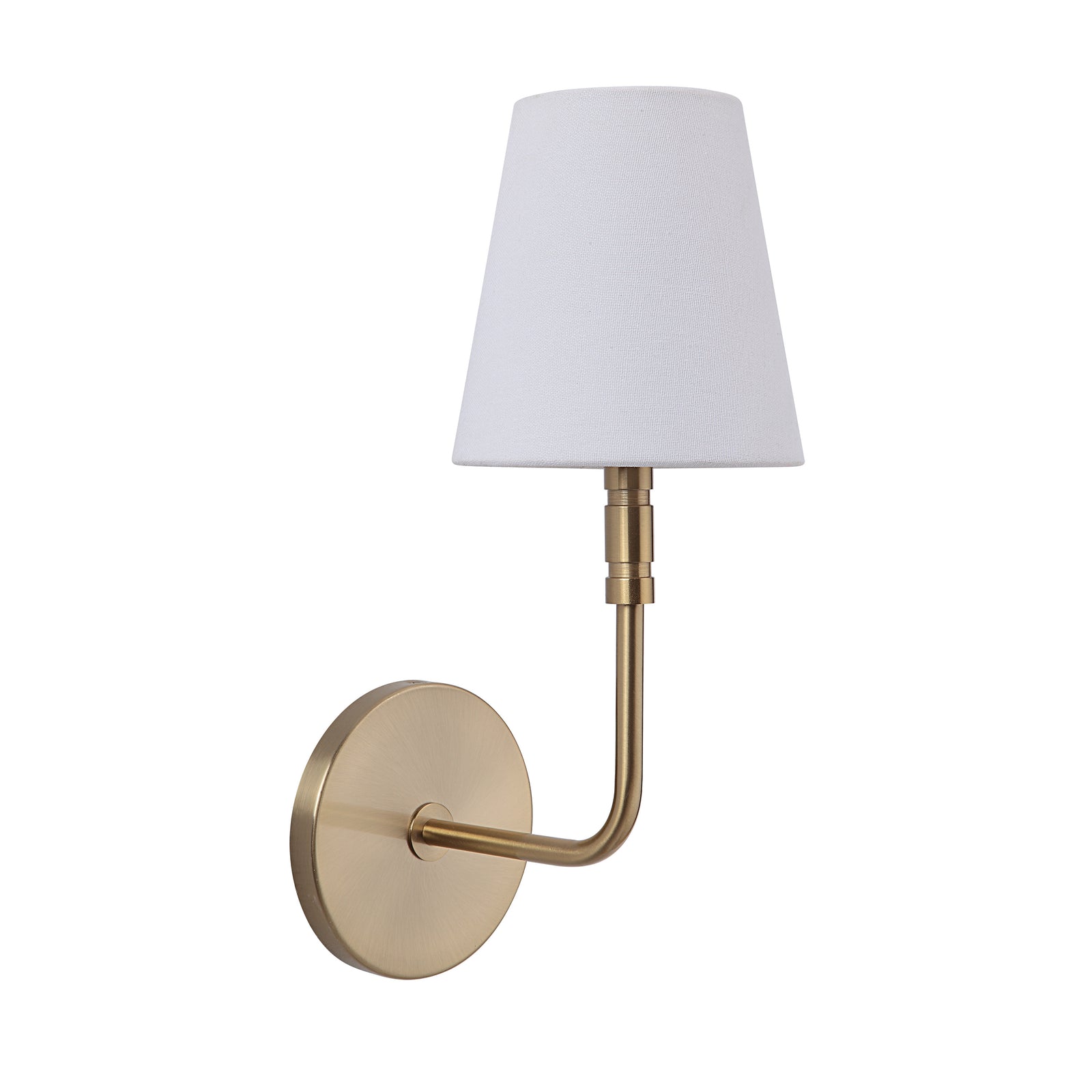 Milia Wall Sconce in gold finish with white fabric shade, mounted on a round base.