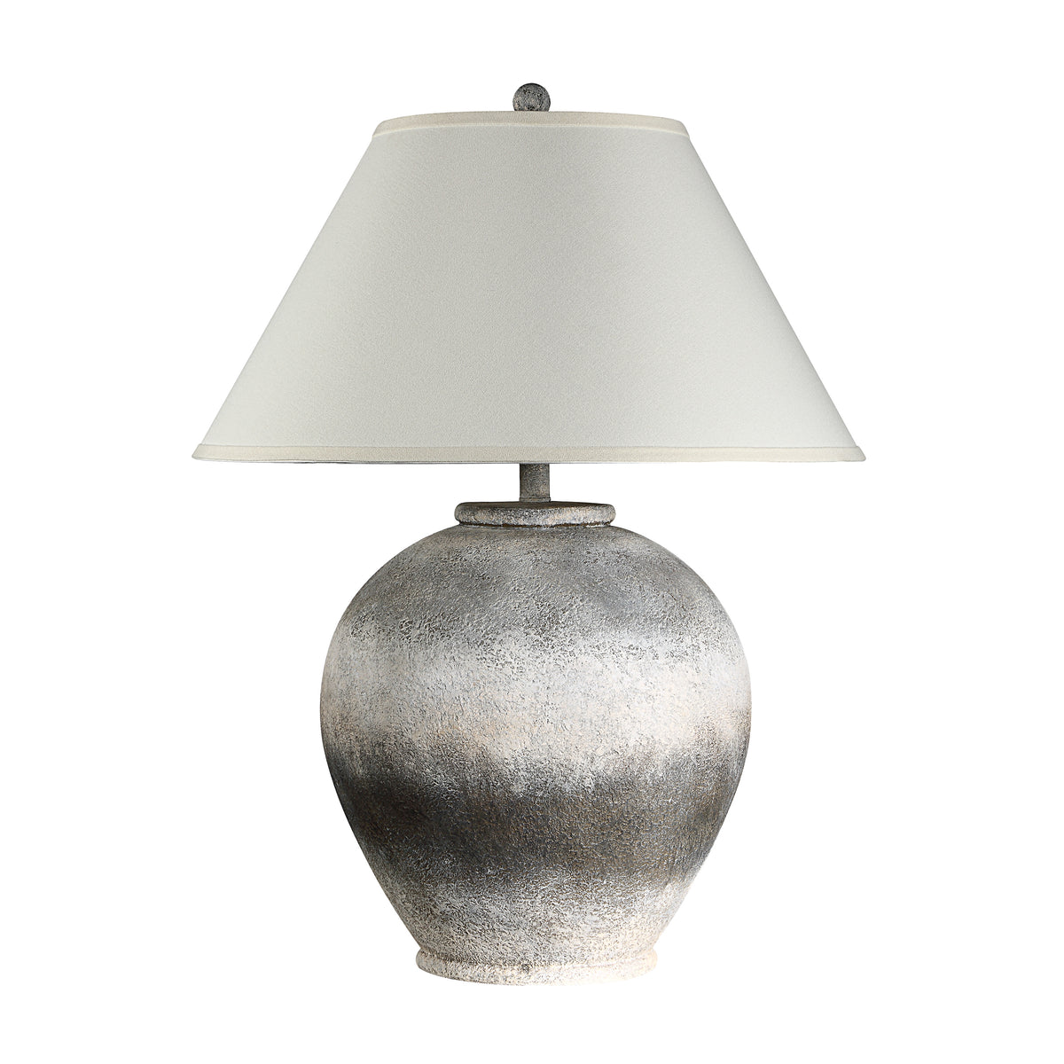 Betulla Table Lamp with a textured gray ceramic base and white fabric shade.