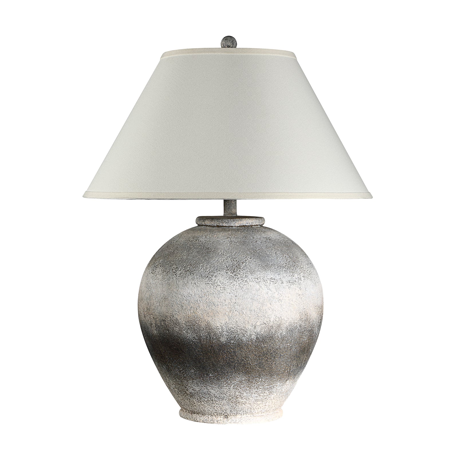 Betulla Table Lamp with a textured gray ceramic base and white fabric shade.